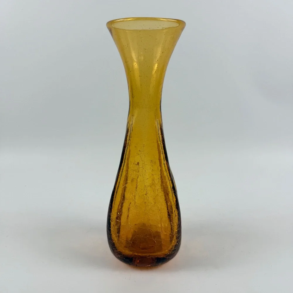 Vintage American Amber Crackle Art Glass Pinched Optic Vase Mid Century